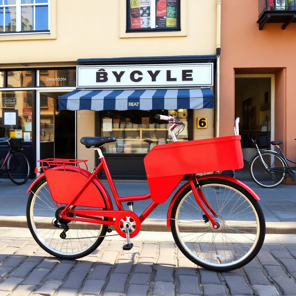 Röd lådcykel framför Bagis Bikes verkstad i Skarpnäck