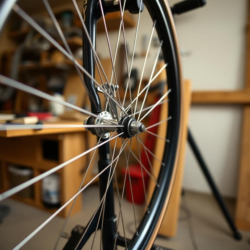 Cykelhjul som rättas på en arbetsbock